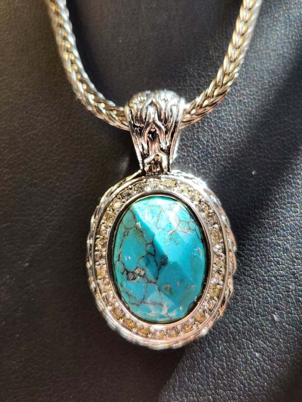 Vintage Turquoise Halo 925 Sterling Silver Ornate Bali Pendant Necklace 18"